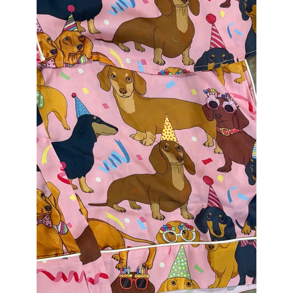$135 Karen Mabon Hot Dog Birthday Satin Pajama Set Pink Dachshund Dog Print XL - Picture 10 of 12
